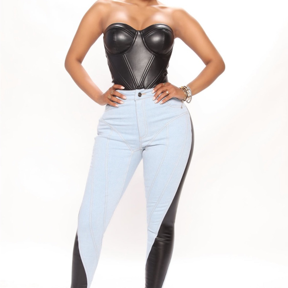 Fashion Nova Two-Tone Skinny Jeans in Black and Light Blue - Picture 2 of 7